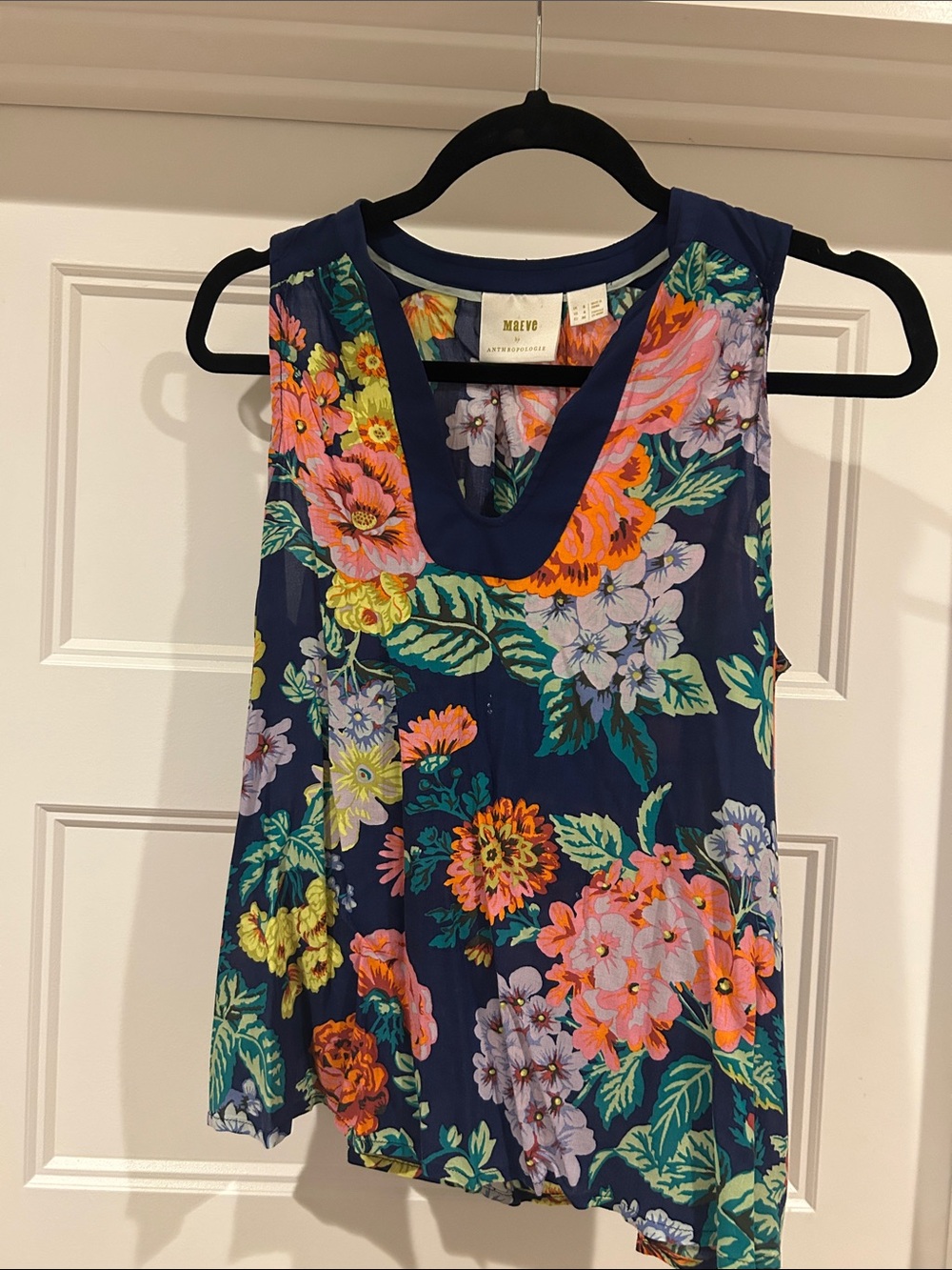 Maeve Navy Floral V-Neck Sleeveless Camisole with Bright Blooms
